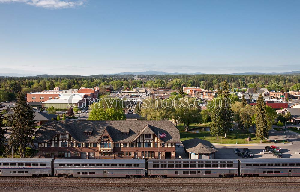 Amtrak at Whitefish Depot Whitefish, MT Spring Aerial